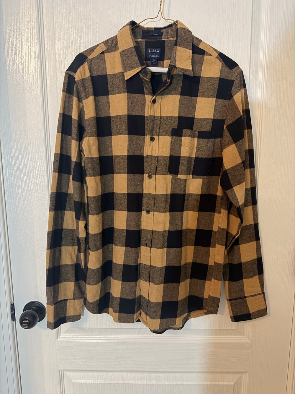 J. Crew Men’s Slim Fit Tan and Black Buffalo Plaid Flannel Shirt - Size Small